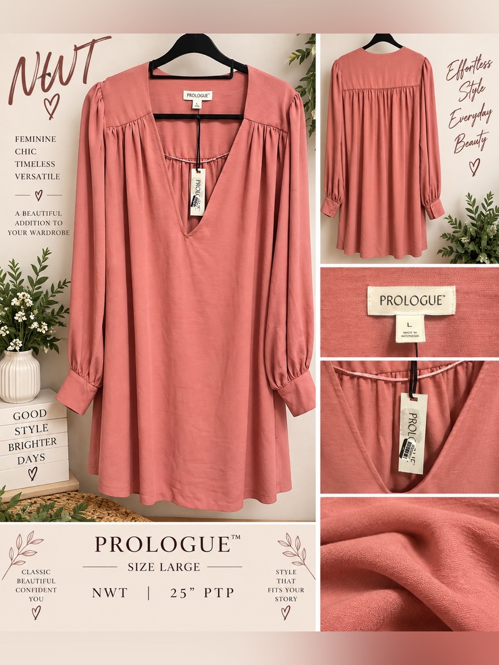 Prologue Dusty Rose V-Neck Long Sleeve Tunic